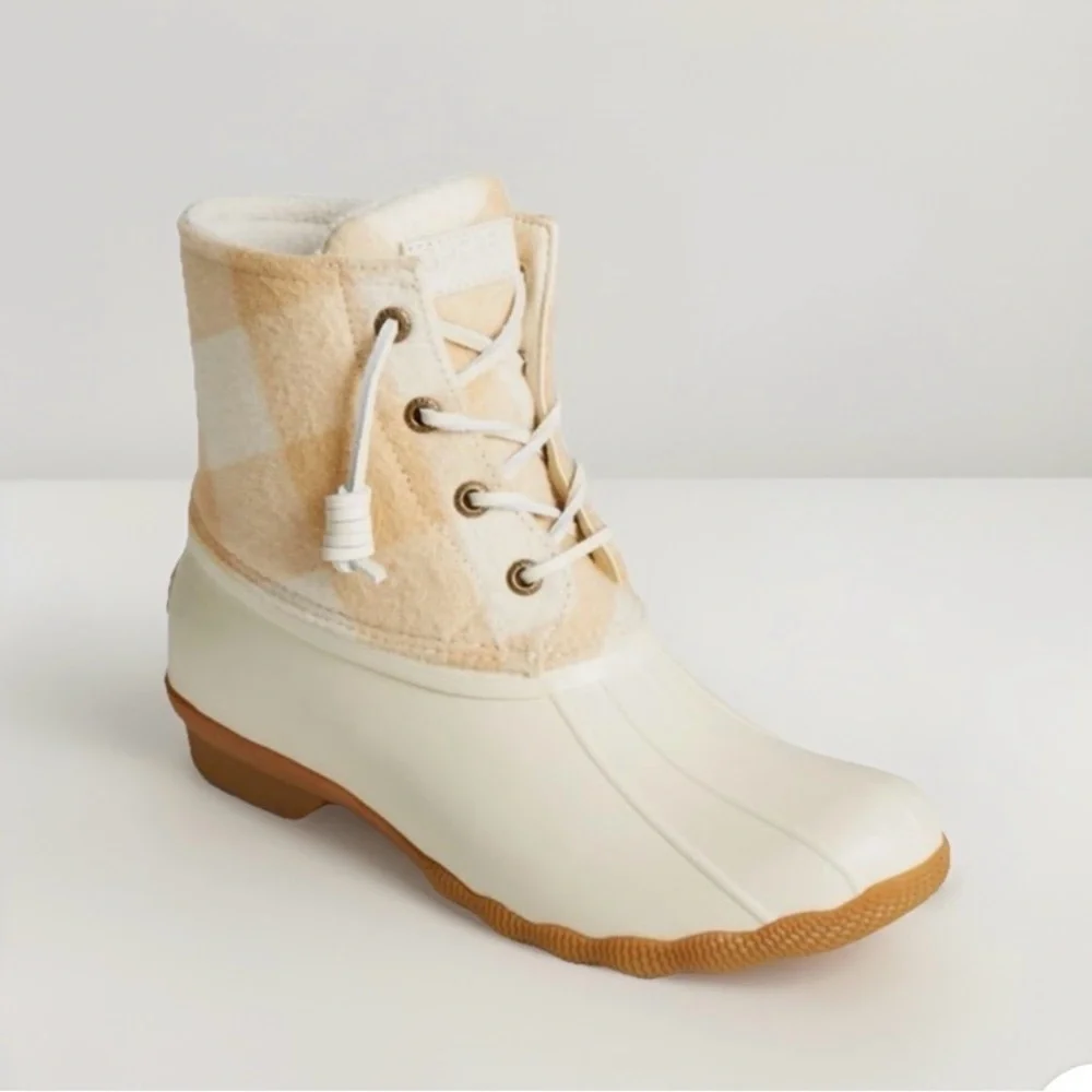 Sperry Women’s Duck Rain Boots Shoes Sz 8 Cream & Tan Saltwater Buffalo Check
